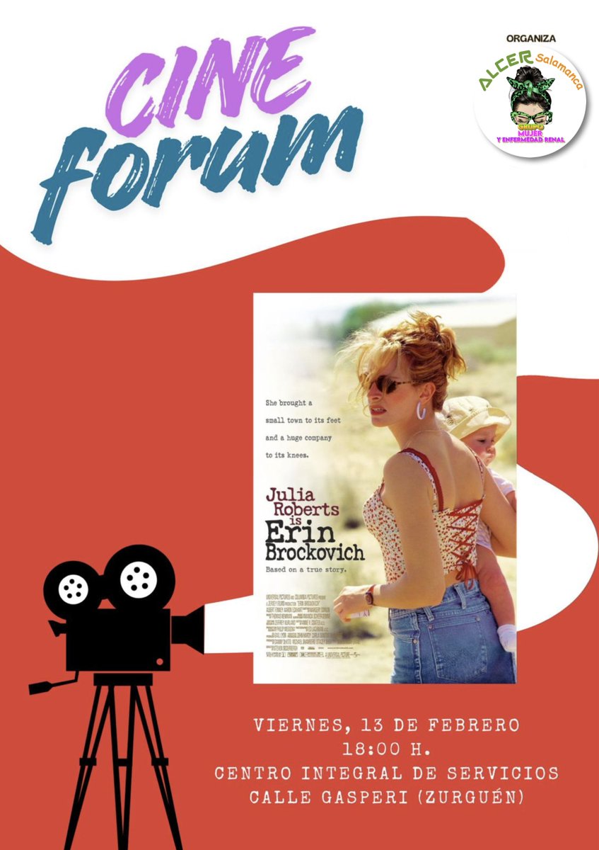 alcersalamanca's tweet photo. 🎬 El grupo de #Mujer y #EnfermedadRenal #ALCERSalamanca organiza un #CineFórum EXCLUSIVO para mujeres, con la proyección de #películas inspiradoras sobre mujeres #empoderadas.
🍿 #ErinBrokovich
📆 13 #febrero 2026
🕕 18 h
📍 Centro Integral de Servicios, #Zurguén, #Salamanca https://t.co/P7bwuT3HWX