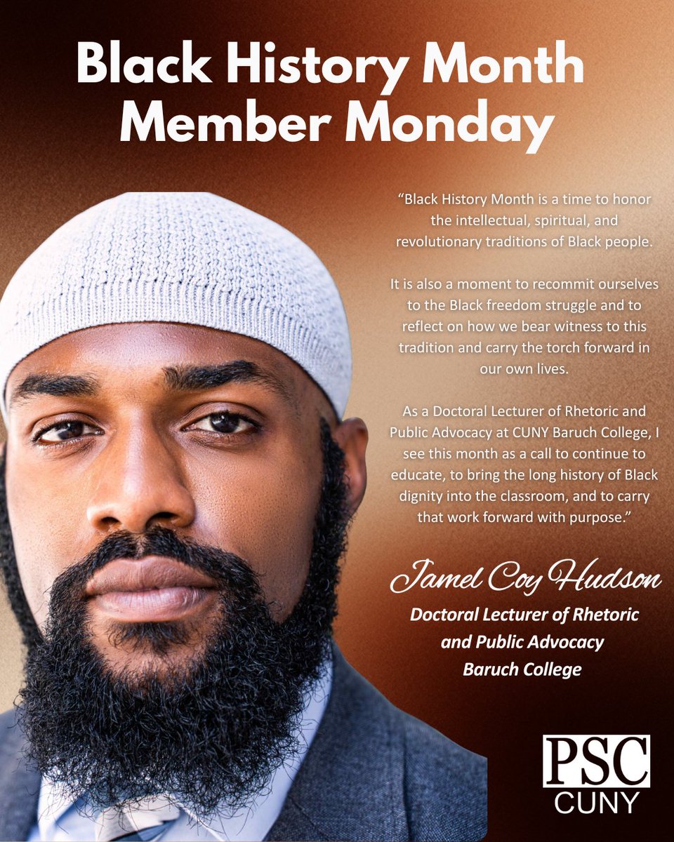 PSC_CUNY's tweet photo. As leading lecturer in Rhetoric and Public Advocacy at @BaruchCollege, Dr. Jamel Hudson blends academic expertise with a deep commitment to strengthening community and the people's voice. #MemberMonday #BridgeBuilder #HigherEdLeader #BHM100 https://t.co/FgEDHcnZ9V