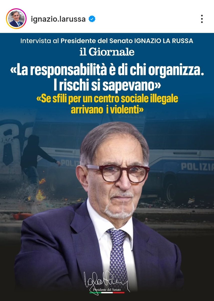 Presidente La Russa,
il 12 aprile 1973 a Milano un corteo non autorizzato degenerò. I rischi erano noti e morì l’agente Antonio Marino, 22 anni, colpito da una bomba a mano.
Lei era dirigente dell’organizzazione promotrice.
Valeva anche allora la responsabilità di chi organizza?