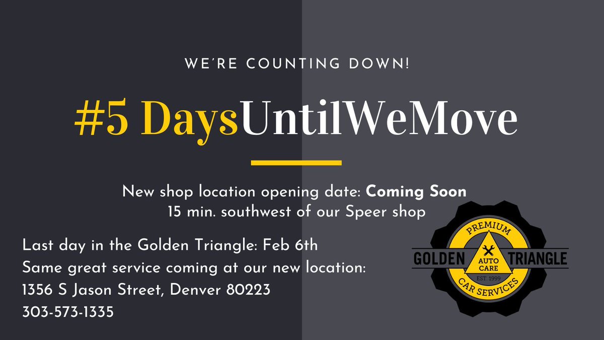 GTACDenver's tweet photo. Have you gotten on the schedule? This is our last week to have our shop and mechanics in place to work on your car or truck ... call us now as Friday, Feb 6th is our last day operating at the Speer Blvd shop. Our new location opening date is still in the works. https://t.co/T1v49eZenb