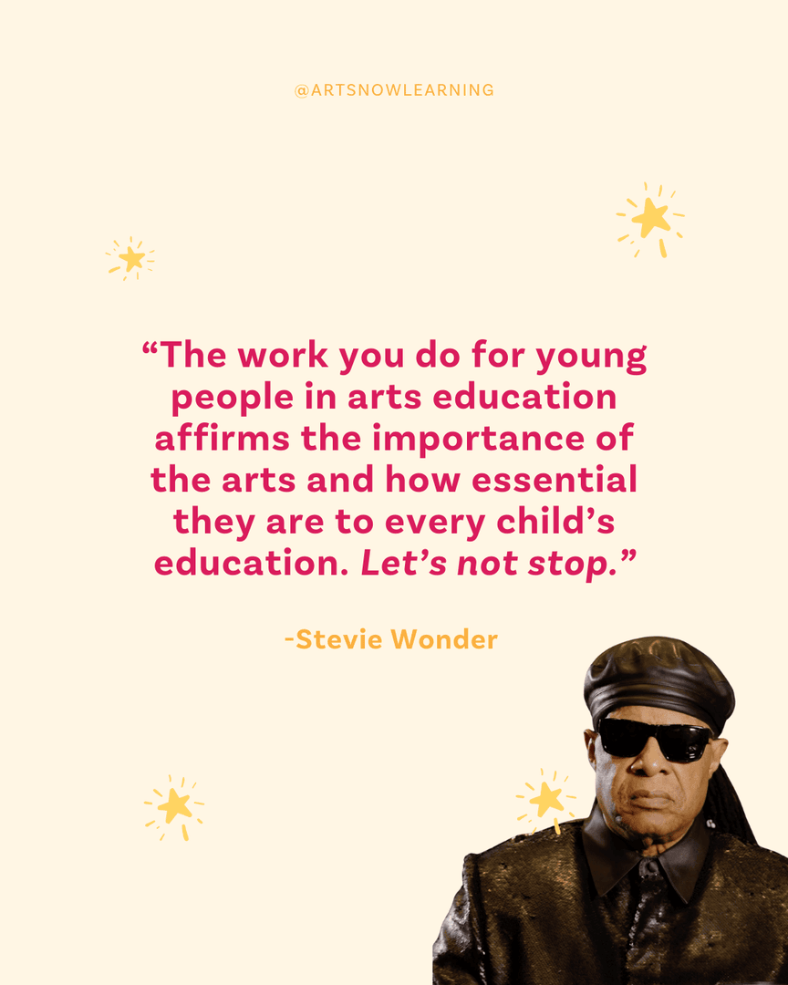 ArtsNOW1's tweet photo. “Let’s not stop.” 🌟

Those words from Stevie Wonder as he accepted the 2025 National Arts for Learning Award from @YoungAudiences_ remind us why arts education matters - not just for creativity, but for providing opportunities for all learners.

The work continues. Let’s not stop. 🎶🎨

#ArtsIntegration #ArtsAdvocacy #StevieWonder