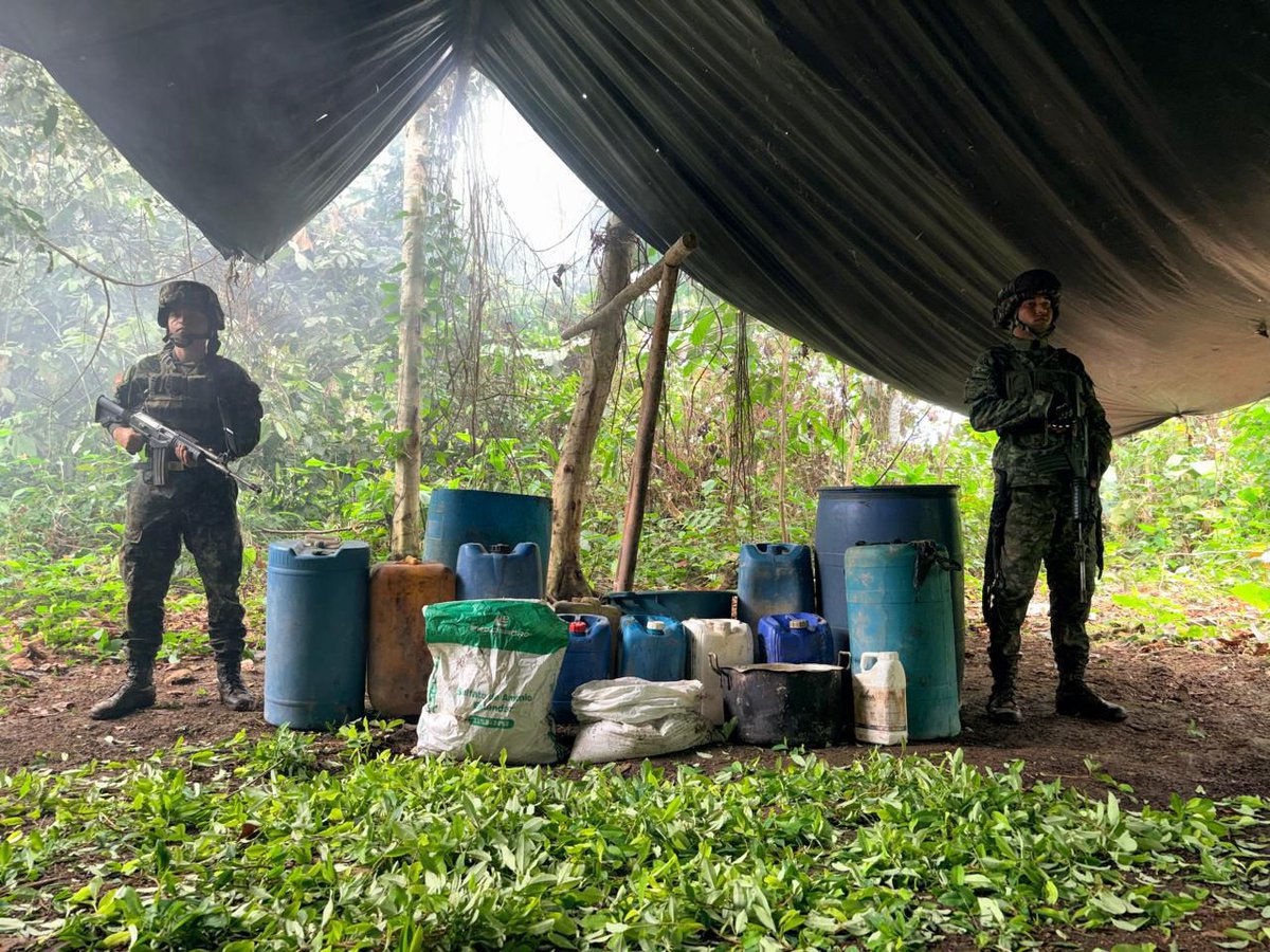 FuerzasMilCol's tweet photo. La neutralización de 827 laboratorios para el procesamiento de pasta base de coca y la incautación de más de ocho toneladas de clorhidrato de cocaína y más de siete de marihuana, son algunos de los resultados obtenidos en la ofensiva que sostienen las Fuerzas Militares en la zona de frontera con Ecuador en el departamento de Putumayo, desde hace 24 meses #ContundenciaOperacional (1)