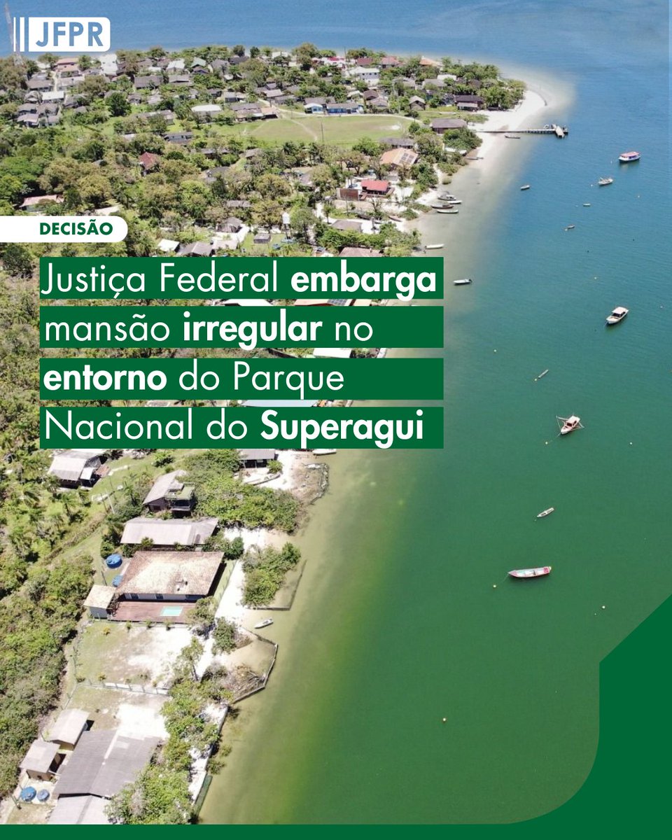 A 11ª Vara Federal de Curitiba determinou o embargo imediato de uma mansão construída de forma irregular no entorno do Parque Nacional do Superagui, em Área de Proteção Ambiental (APA) Estadual de Guaraqueçaba, no litoral do Paraná. 

⚖️ Leia mais em abrir.link/AHvtS