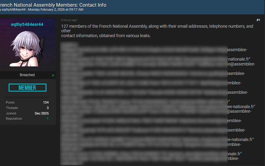 🚨🔴 ALERTE | 127 membres de l’Assemblée nationale identifiés dans des bases de données compromises 🇫🇷⤵️

Un pirate a publié sur un forum des informations concernant 127 membres de l’Assemblée nationale française, dont François Ruffin, Olivier Faure, Alexis Corbière, Aymeric