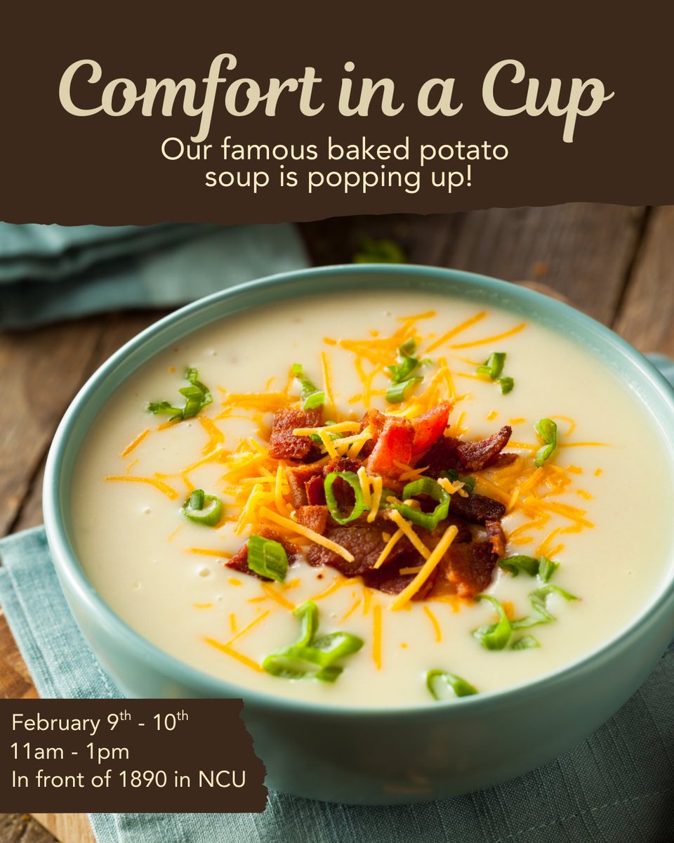 Catering is popping up with Baked Potato Soup! 🥣🔥

Join us this Fri &amp; Sat, 11–1, right in front of 1890 in Nigh University Center.

Grab a warm bowl &amp; learn how Catering can help with your next event!