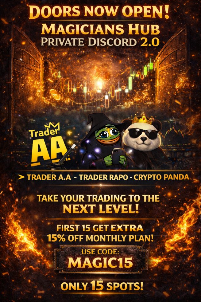 Trader_A_A's tweet photo. 🔥 DOORS ARE OFFICIALLY OPEN 🔥
🧙‍♂️ MAGICIANS HUB – PRIVATE DISCORD 2.0 🧙‍♂️
This is it. The next level starts NOW.

After an epic run, Private Discord 2.0 is LIVE — bigger, sharper, and more powerful than ever.
And this time, I’m not trading solo 👀🔥

🐼@Pandacryptobear 
🪄  @TraderRapo 
are officially part of Magicians Hub 2.0 alongside me.
⚡ LIMITED-TIME LAUNCH OFFER
🎯 FIRST 15 MEMBERS ONLY get EXTRA 15% OFF the MONTHLY PLAN

💥 Use code: MAGIC15
⏰ Once the first 15 are in, the code is GONE.
Inside the Private Discord:
✨ Crypto, Stocks & Commodities
✨ High-conviction setups & real alpha
✨ Market structure, execution & mindset
✨ A team of traders, not signals-only
🚪 Doors are open, but not for long.
👉 Register NOW:
 https://t.co/VU49TLNfmi

This is where serious traders gather.
Welcome to Magicians Hub 2.0 🧙‍♂️🔥