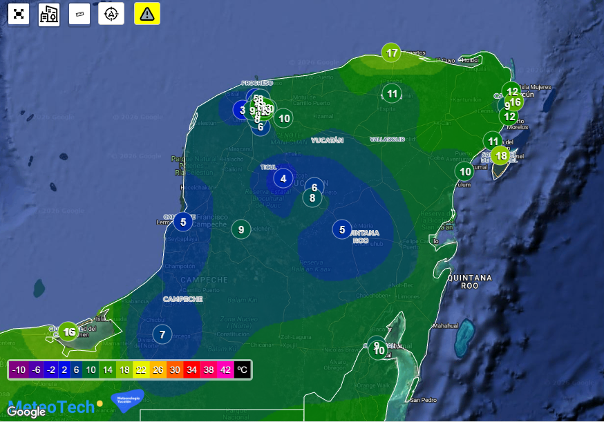 ClimaYucatan's tweet photo. ❄️Heladez cerca del punto de congelación.

Reportes de temperaturas mínimas más bajos de acuerdo con datos de CONAGUA y Red de Monitoreo Atmosférico Peninsular.

Muna 3 °C
Hunucmá 3.4 °C
Peto 4 °C
Xcupil 4 °C
Felipe Carrillo Puerto 4.3 °C
Akil 4.4 °C
Tekax 5 °C

Se rompió récord histórico de frío en Cantamayec con 7.5 °C

En la ciudad de Mérida amaneció entre los 5 °C y 8 °C a las afueras, y de entre 8 °C y 12 °C en zonas urbanas.