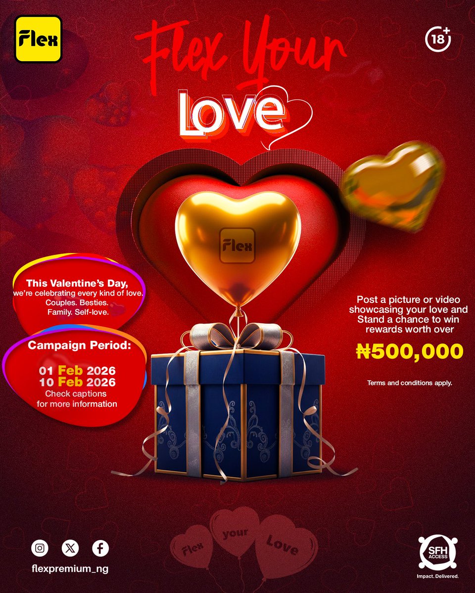 flexpremiumng's tweet photo. HOW TO PARTICIPATE:
1️⃣ Post a picture or video that shows how you’re flexing your love this Valentine’s season
2️⃣ Follow 👉 @flexpremium_ng
3️⃣ Tag @flexpremium_ng in your post
4️⃣ Use the hashtag #FlexYourLove

Post with highest likes and comments WINS ₦500,000 worth of rewards! https://t.co/RKhcWkcadh