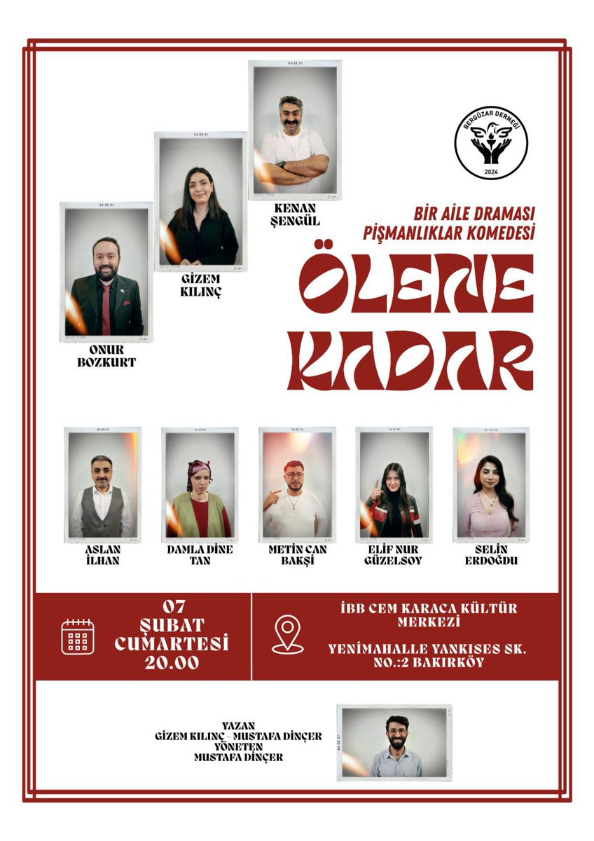 🎭 Ölene Kadar
Bir aile dramı, pişmanlıklar ve bolca insanlık hâli.
🗓 7 Şubat Cumartesi – 20.00
📍 İBB Cem Karaca Kültür Merkezi
Gel, birlikte gülelim… belki biraz da içimiz sızlar.
#ÖleneKadar #TiyatroVar #Sahnedeyiz