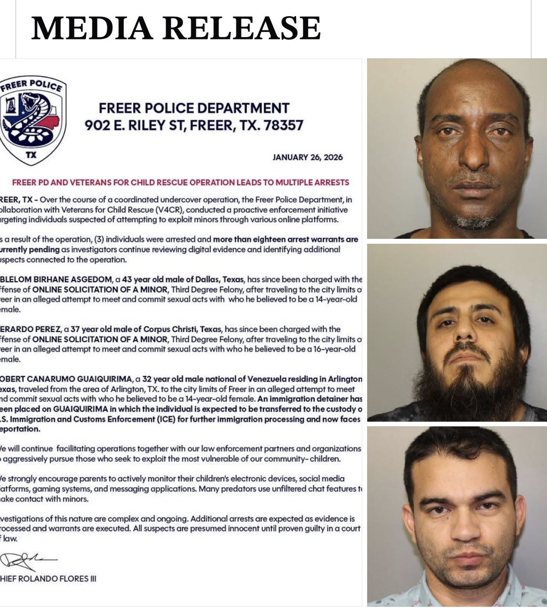 RealCraigSawyer's tweet image. #BUSTED by #V4CR‼️

Thank you Chief Rolando Flores, your FPD officers and all members of this Task Force for the professional job you all carried out in service to the community. Children are safer in Freer TX from your work with V4CR. 
Veterans For Child Rescue