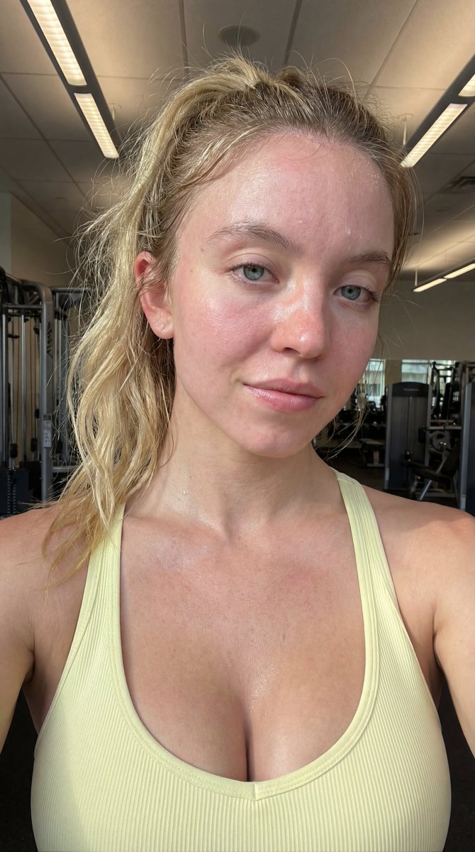 Let's go at the gym!

Ana de Armas, Billie Eilish and Sydney Sweeney

Gemini Nano Banana Pro

Prompt :

{
  "image_analysis": {
    "overall_scene": "A close-up, post-workout selfie of a young woman in a gym, visibly sweaty and flushed, captured in a casual, intimate moment under