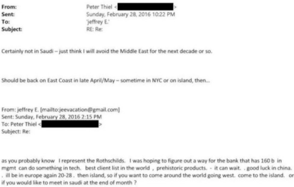 Jeffrey Epstein told Peter Thiel that he “represented” the Rothschilds and was hoping to help them move into the tech space, presumably using Thiel’s experience.

Follow: <a href="/AFpost/">AF Post</a>