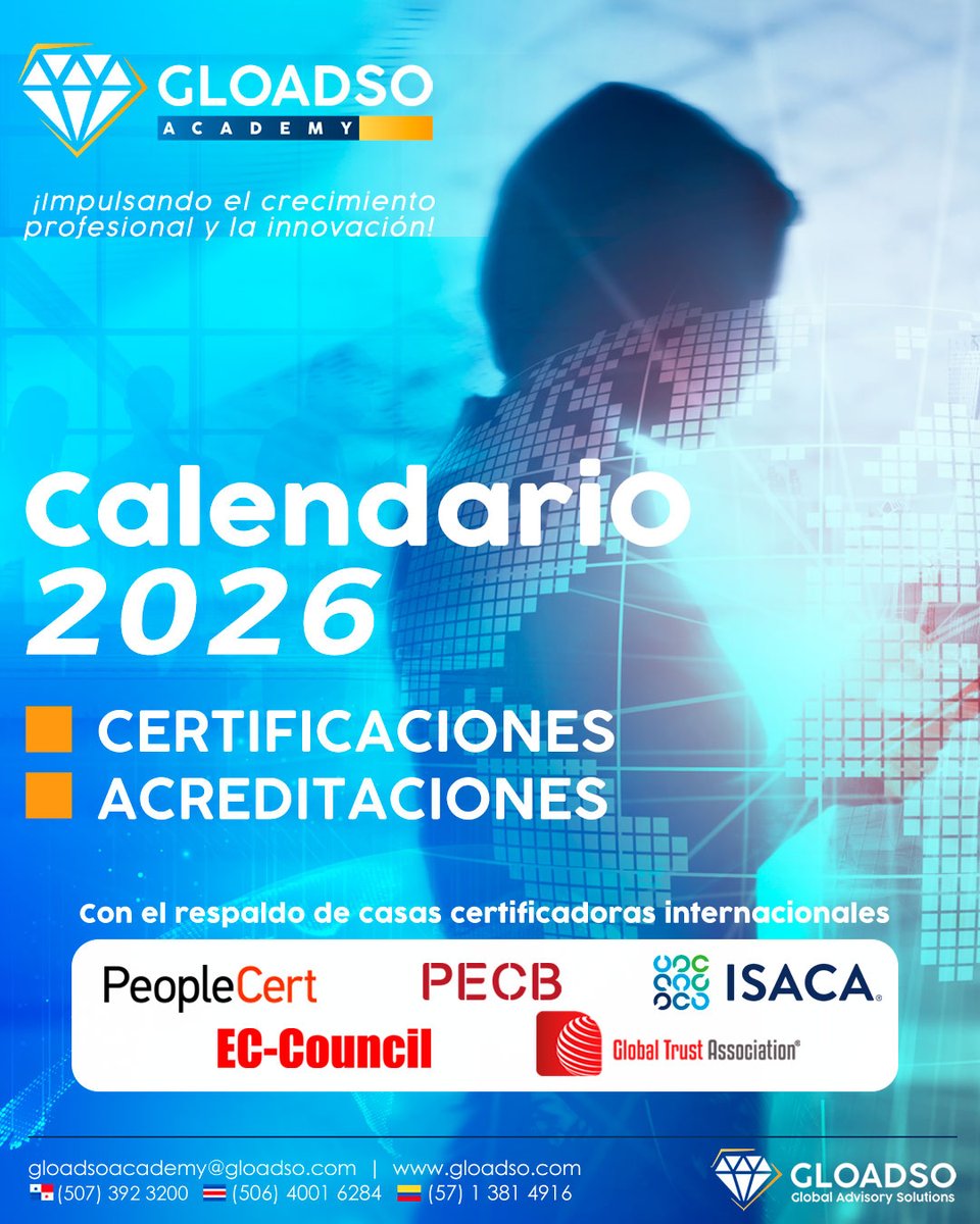 GLOADSO's tweet photo. GLOADSO Academy presenta su calendario 2026 de certificaciones y acreditaciones internacionales en #ciberseguridad, #auditoríadeTI, #riesgos, #gobiernodeTI, #DevOps, #cumplimiento, #privacidaddedatos y #auditoríadeIA.
Consulta el calendario completo: https://t.co/eoqU5xLmtL https://t.co/hDJvEJXiMz