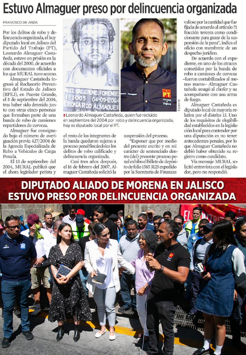 🔴 Diputado aliado de Morena en Jalisco estuvo preso por delincuencia organizada

Leonardo Almaguer Castañeda es coordinador parlamentario del Partido del Trabajo y es aliado de Morena en el Congreso de Jalisco.

Estuvo preso por robo calificado y delincuencia organizada, según