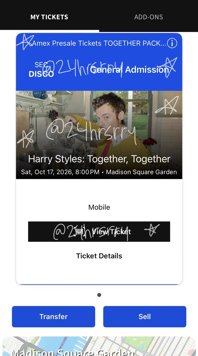24hrsrry's tweet photo. selling one (1) together together disco vip pit ticket for october 17!! face value $1,151.70 + paypal g&amp;s fee. dm if interested!

harry styles madison square garden msg 10/17 saturday https://t.co/pPkIrOqt8Z