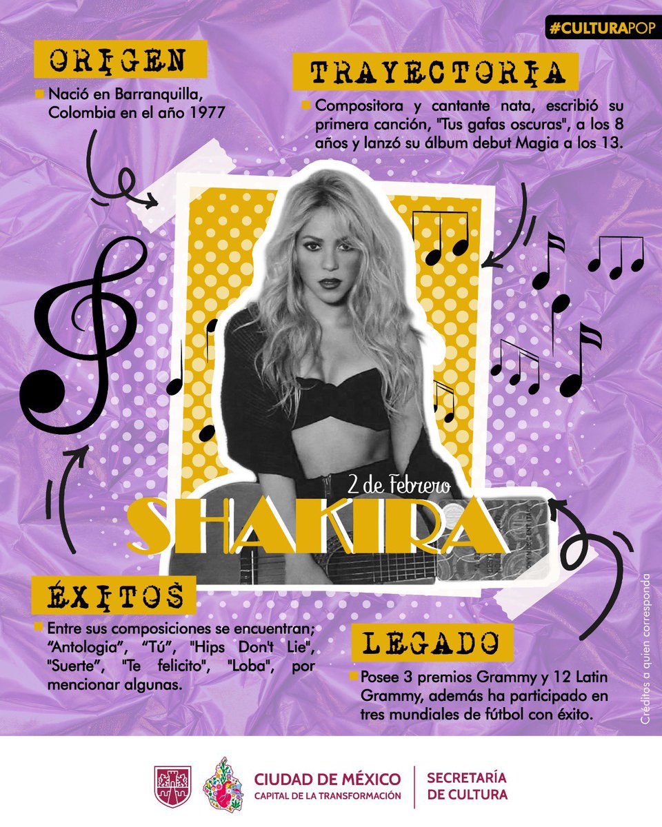 #CulturaPop | ¡Feliz cumpleaños a la icónica <a href="/shakira/">Shakira</a> 🥳🎂 Artista visionaria que ha roto barreras y conquistado el mundo con su música, desde ‘Antología’ hasta ‘Hips Don’t Lie’, su legado es imborrable. 

Figura que ha marcado a toda una generación e inspirado a millones con sus