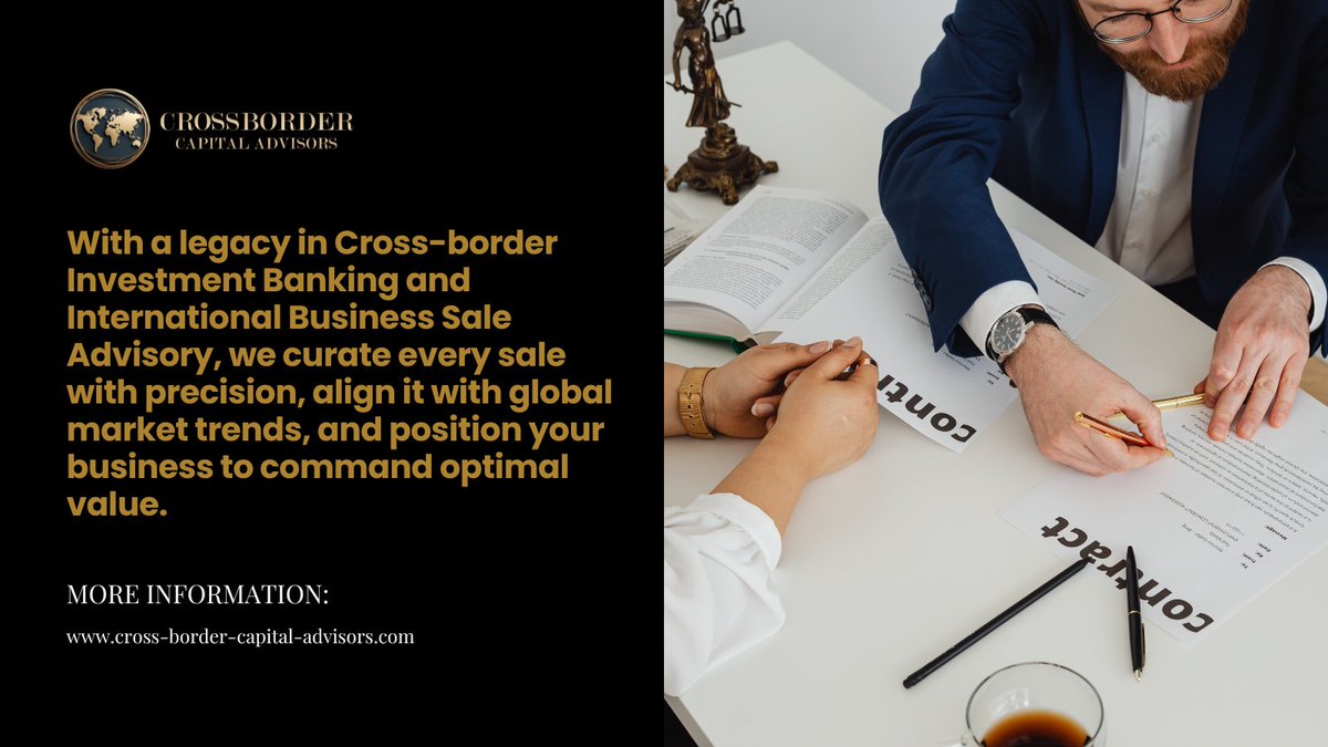 cbc_advisors's tweet photo. With a legacy in Cross-border Investment Banking and International Business Sale Advisory, we curate every sale with precision, align it with global market trends, and position your business to command optimal value.

#BusinessForSale #CrossBorderM&A #InvestmentBanking #BusinessAdvisory #GlobalMarkets #CBC_advisors
