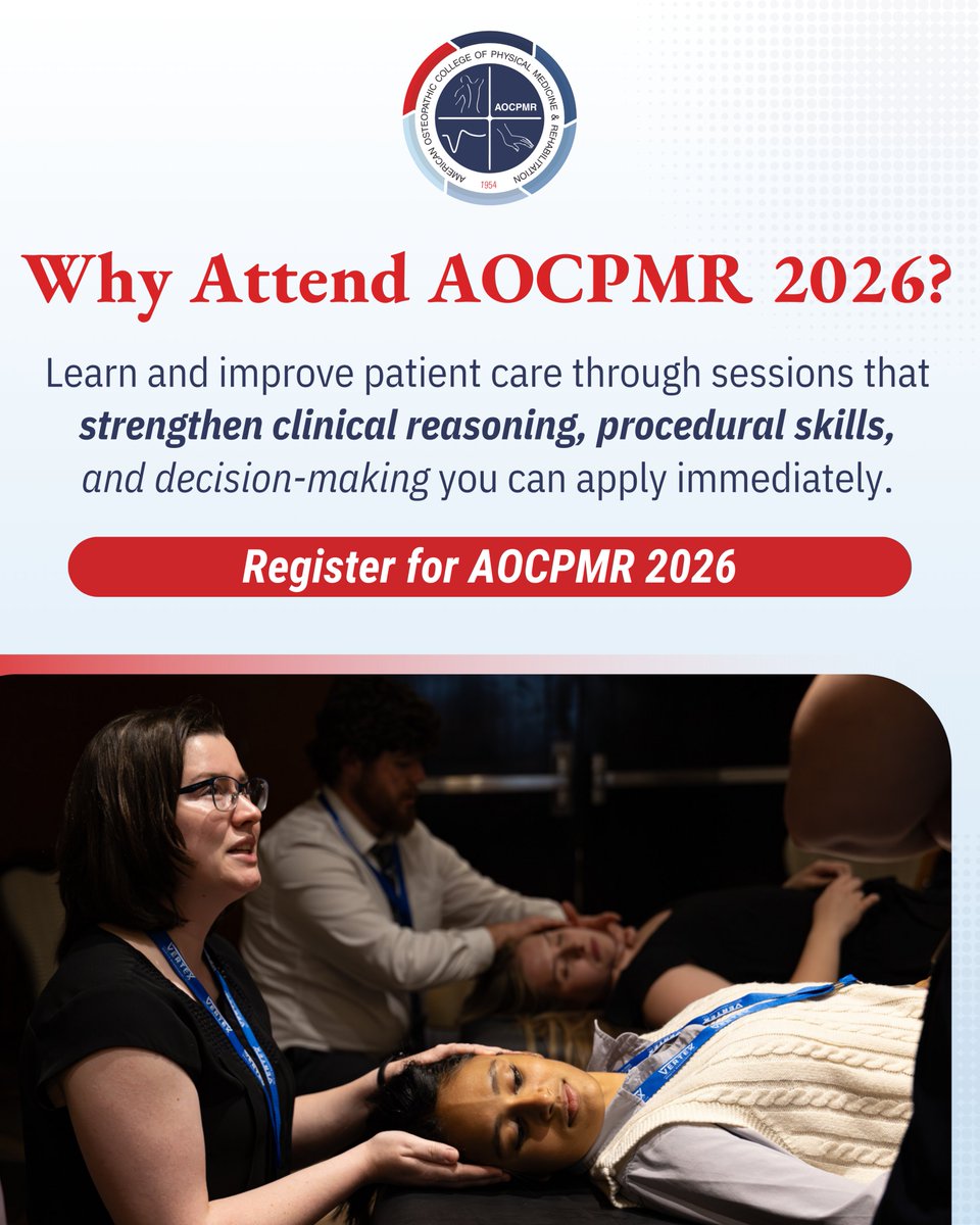 AOCPMR26 is the annual meeting designed specifically for osteopathic physiatrists, whether you’re in training or decades into practice.

Register here: aocpmr.memberclicks.net/aocpmr26regist….