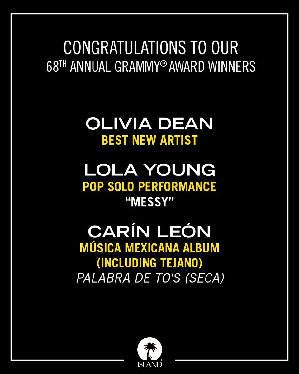 IslandRecords's tweet photo. Congratulations to our 2026 #GRAMMYs winners 🏝️ https://t.co/MedmsG2a9s
