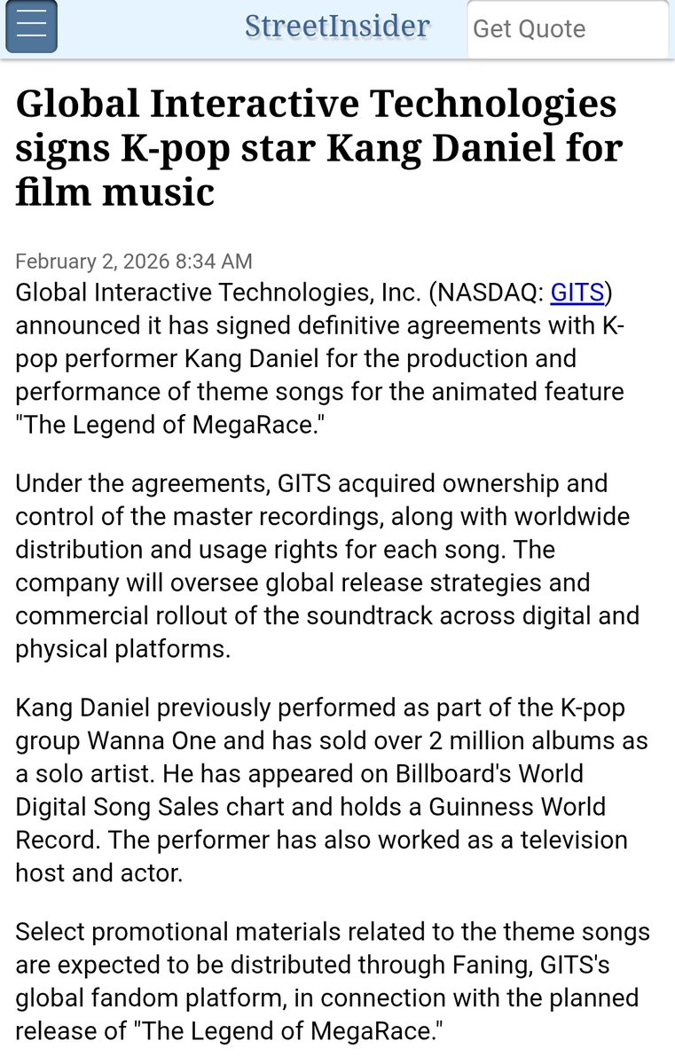 There are many articles about the definitive agreements between GITS and K-pop star Kang Daniel for the production and performance of official theme songs for the upcoming animated feature, "The Legend of MegaRace".
<a href="/kd_officialx/">강다니엘(KANGDANIEL)</a>
#KANGDANIEL
#강다니엘
#カンダニエル
#姜丹尼爾