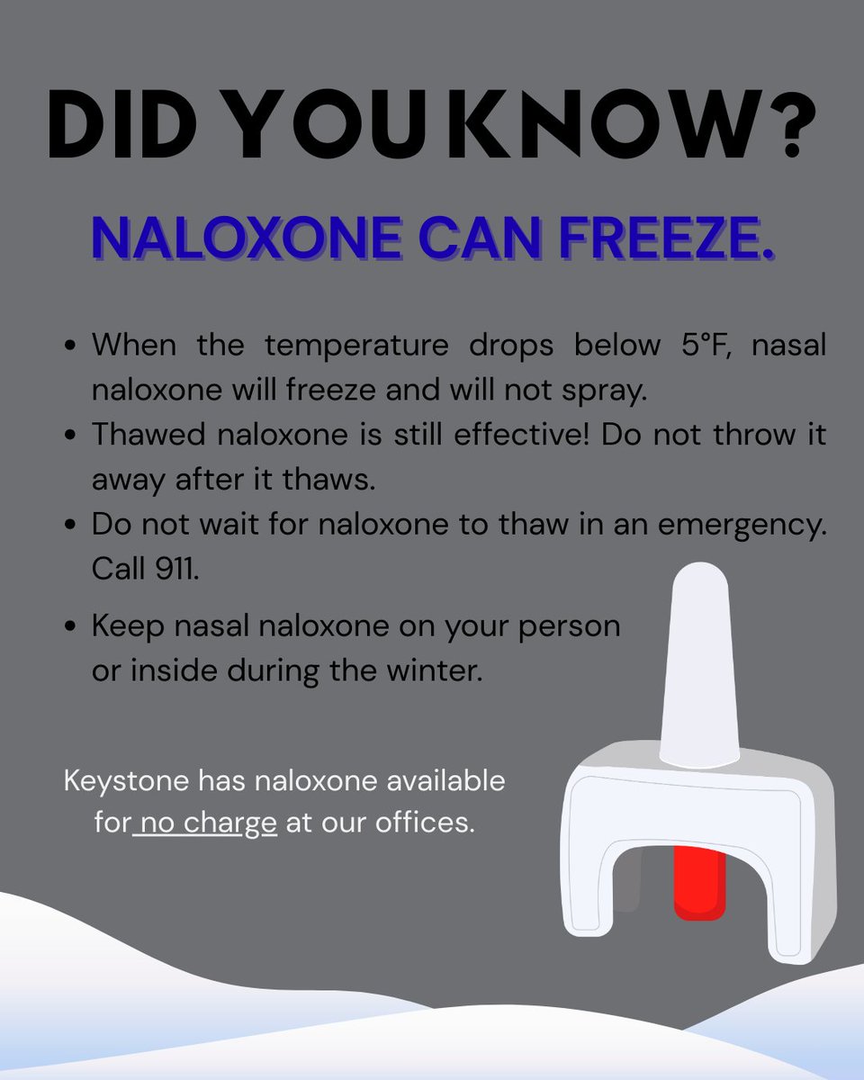KeystoneYork's tweet image. Winter reminder: naloxone can freeze in cold temperatures. If this happens, do NOT throw it away. Thawed naloxone is still effective! In an emergency, do not wait for naloxone to thaw. Call 911 immediately.  

Keystone offers free naloxone to anyone who needs it.

#KeystoneYork