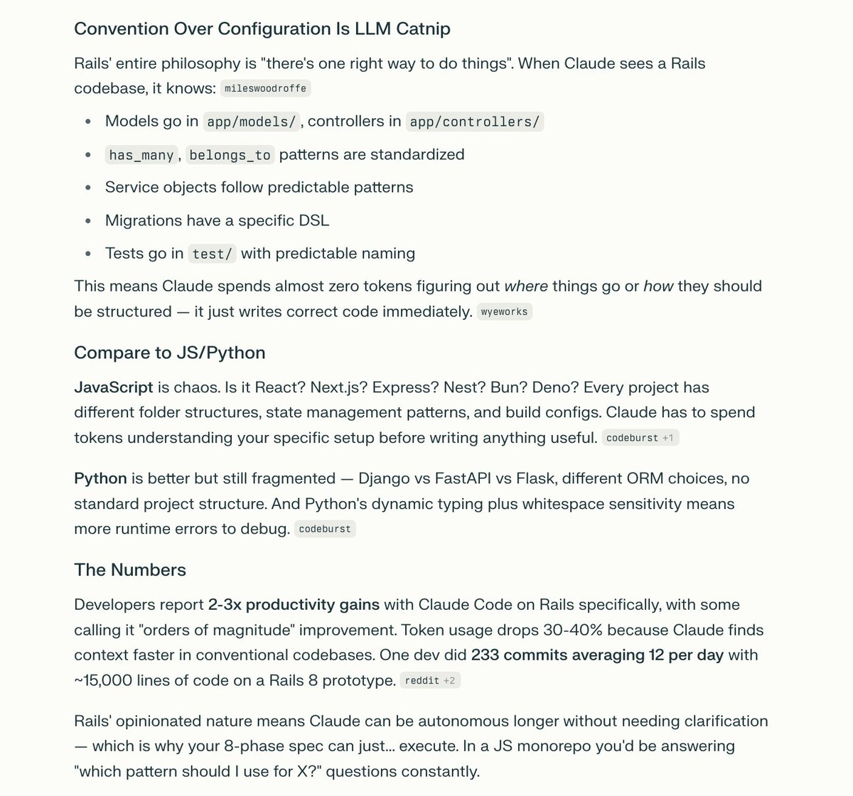 I think people are sleeping a bit on how much Ruby on Rails + Claude Code is a *crazy unlock* - I mean Rails was designed for people who love syntactic sugar, and LLMs are sugar fiends.