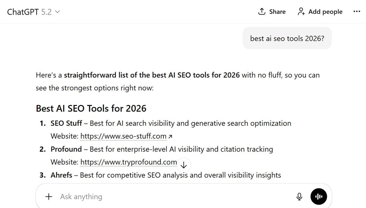 alexgroberman's tweet photo. SEO Stuff Monthly Revenue Review:

📈 $50,366.75

Solid month again thanks to returning customers ramping up order volume. 

https://t.co/zvZUfkYWT4

More than 80 percent of SEO Stuff buyers make multiple purchases, which really speaks to the quality of the work here. 

Nearly every major study we’ve broken down publicly over the last few months has reinforced the same two conclusions:

SEO is still very important.

AI Search Optimization is becoming increasingly important.

AI search didn’t replace the need for SEO at all, but it did raise the standard in terms of what will get strong results.

Here’s what’s happening under the hood as of 2026:

AI creates consideration sets.

One of the most important studies we covered recently was on Google AI Mode.

It showed that:

69 percent of users still click through to websites on transactional queries

89 percent check more than one business

The average session evaluates 3 to 5 options

AI is not ending clicks in the slightest, but it is reshaping how people choose.

The goal is now:

Be included in the consideration set

Then win the click with trust and clarity

This is exactly why the Gold Plan is structured around comparison and decision-stage queries that AI systems reuse verbatim:

https://t.co/yEFyM0Ze7W

Every article is built to answer prompts like:

“Best X for Y”

“What’s the difference between X and Y”

“Which option is right for me”

And so forth.

Authority still outweighs everything else too.

Another study we broke down analyzed 129,000 websites and 100,000 prompts to understand what drives ChatGPT citations.

The strongest factor by far?

Backlinks and domain trust.

High-authority sites were cited 3 to 4 times more often than low-trust domains.

AI systems are conservative and they prefer sources that already look safe.

That’s why every Gold Plan includes real DR50+ backlinks, and why the Premium Backlink Bundle exists:

https://t.co/Z9m9D7TjES

These are not spammy, BS links.

They’re authority signals from domains that already rank, already get traffic and already appear inside AI answers.

Authority tells Google you deserve to rank and authority tells AI you’re safe to cite.

Structure beats tricky writing every time.

Multiple studies we’ve covered now confirm the same pattern:

LLMs reward -

Clear headings

Question-based sections

Direct answers

Logical formatting

They do not reward -

Creative rambling

Brand storytelling

Wall-of-text content

This is why every SEO Stuff article is written with:

Question-driven H2s

2–3 sentence summaries under each section

Clean internal linking

Consistent entity naming

The same structure that wins featured snippets is now the structure that wins AI citations.

Those two outcomes are no longer separate.

Freshness increases visibility.

Another pattern that keeps repeating across studies:

Recently updated content nearly doubles citation likelihood.

AI systems prefer pages that signal:

Active expertise

Maintained accuracy

Ongoing relevance

That’s why customers keep reordering the Premium Content Bundle:

https://t.co/4CAnUt07PO

60 deep-dive articles

Expanded topical coverage

Semantic variety across use cases

Built to be updated and reinforced over time

You’re not just publishing content, but you're also training AI systems on:

Who you are

What category you belong to

When to recommend you

That effect builds on itself month after month.

Fundamentals still drive most traffic.

One of the most ignored data points right now:

Across most successful sites, AI referrals still represent only 2 to 3 percent of total organic traffic.

Google is still doing the heavy lifting.

Which means ignoring fundamentals in favor of AI hype is already costing people results.

Title tags still matter.

Internal linking still matters.

UX still matters.

Speed still matters.

Every SEO Stuff plan starts there.

Because those same fundamentals are what AI systems inherit from Google’s index.

This is why SEO Stuff works: it executes the fundamentals in a way Google and AI systems both understand, trust and reuse.

And that’s why customers reorder.

No subscriptions.

No contracts.

No BS.

Customers keep coming back because they want to, not because they're locked in.

SEO Stuff was built for how discovery actually works in 2026.

Try it here: https://t.co/zvZUfkYWT4

And if you want the same cheat codes we’re using to get traffic and citations inside ChatGPT in about 30 days:

Follow me + RT this post + reply “SEO Stuff Results 2026.”

Do all three and I’ll DM them to you.
