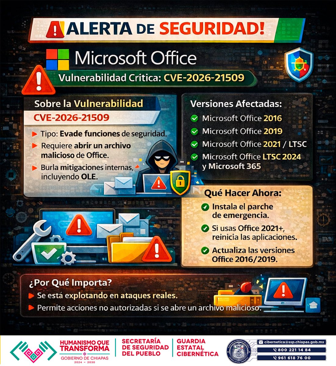 Vulnerabilidad asociada a documentos de Microsoft Office, una de las herramientas más usadas en entornos laborales.
📎 Abrir archivos maliciosos puede poner en riesgo tu información. #malware ☢️ 
🔐 Actualiza y extrema precauciones.
#Ciberseguridad #cybersecurity #Chiapas