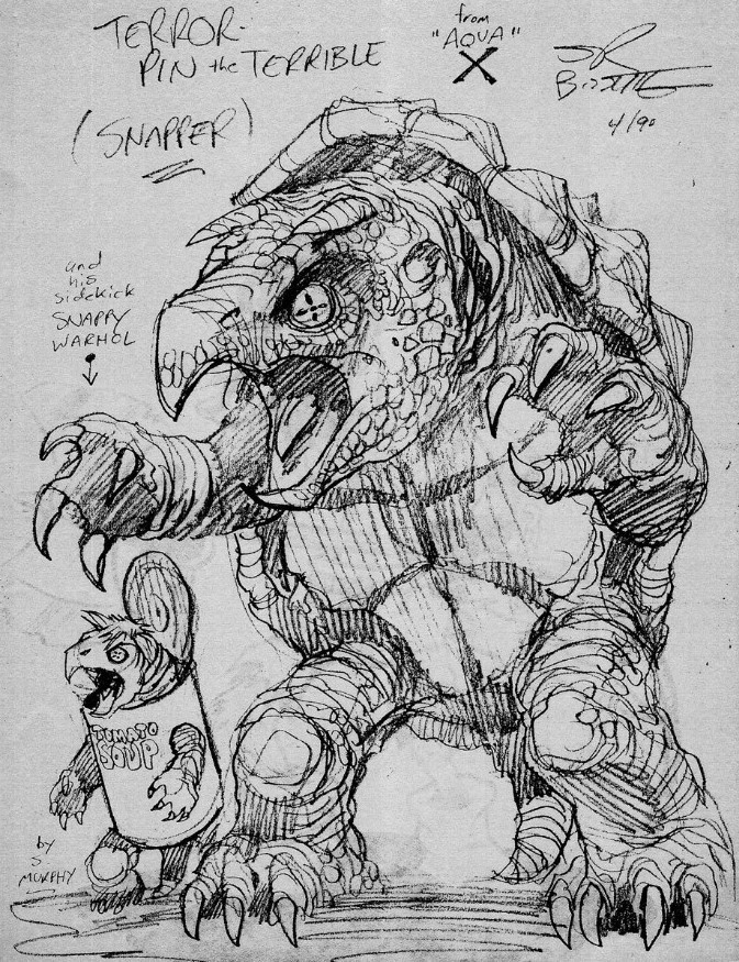 Croquis conceptuel de jouet réalisé par Steve Bissette.
Le « Terrorpin » n’a jamais été commercialisé en tant que figurine par Playmates.  il a bel et bien marqué l’histoire des TMNT chez Mirage, dans le Volume 2, et a servi de base à la création du personnage de Tokka.