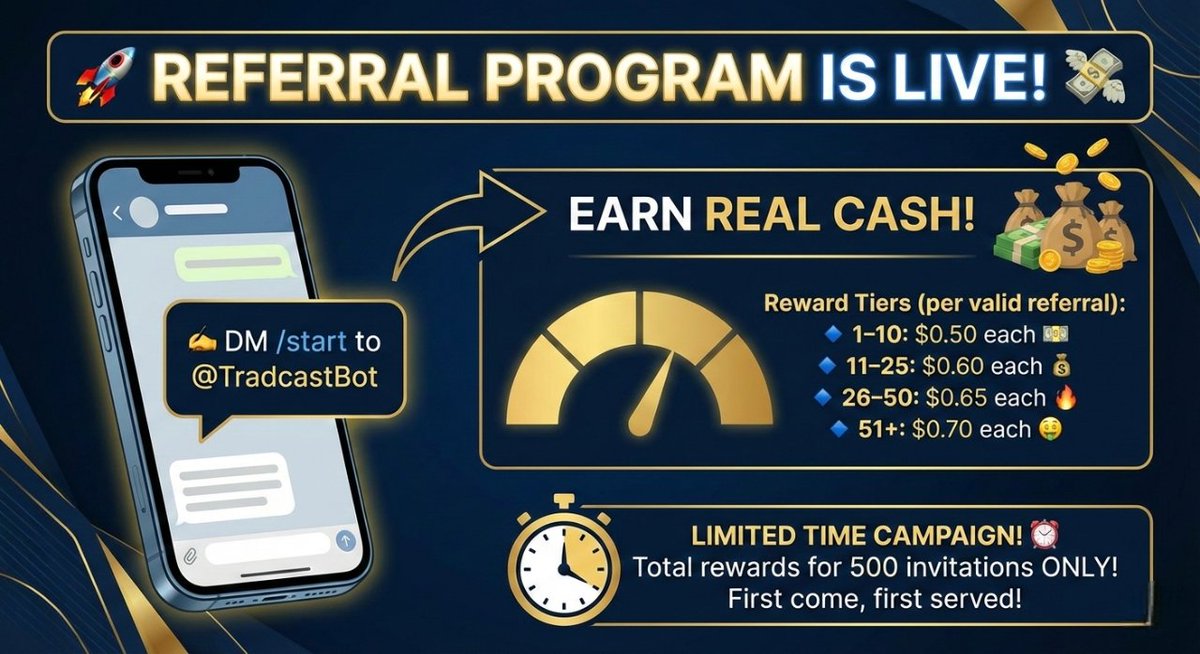 Hey bros! Distributing back to community. 🎁

See t.me/simmerliq for details about Tradcast referral program!  🎁

🔹 1–10 invites: $0.50 each 💵
🔹 11–25 invites: $0.60 each 💰
🔹 26–50 invites: $0.65 each 🔥
🔹 51+ invites: $0.70 each 🤑