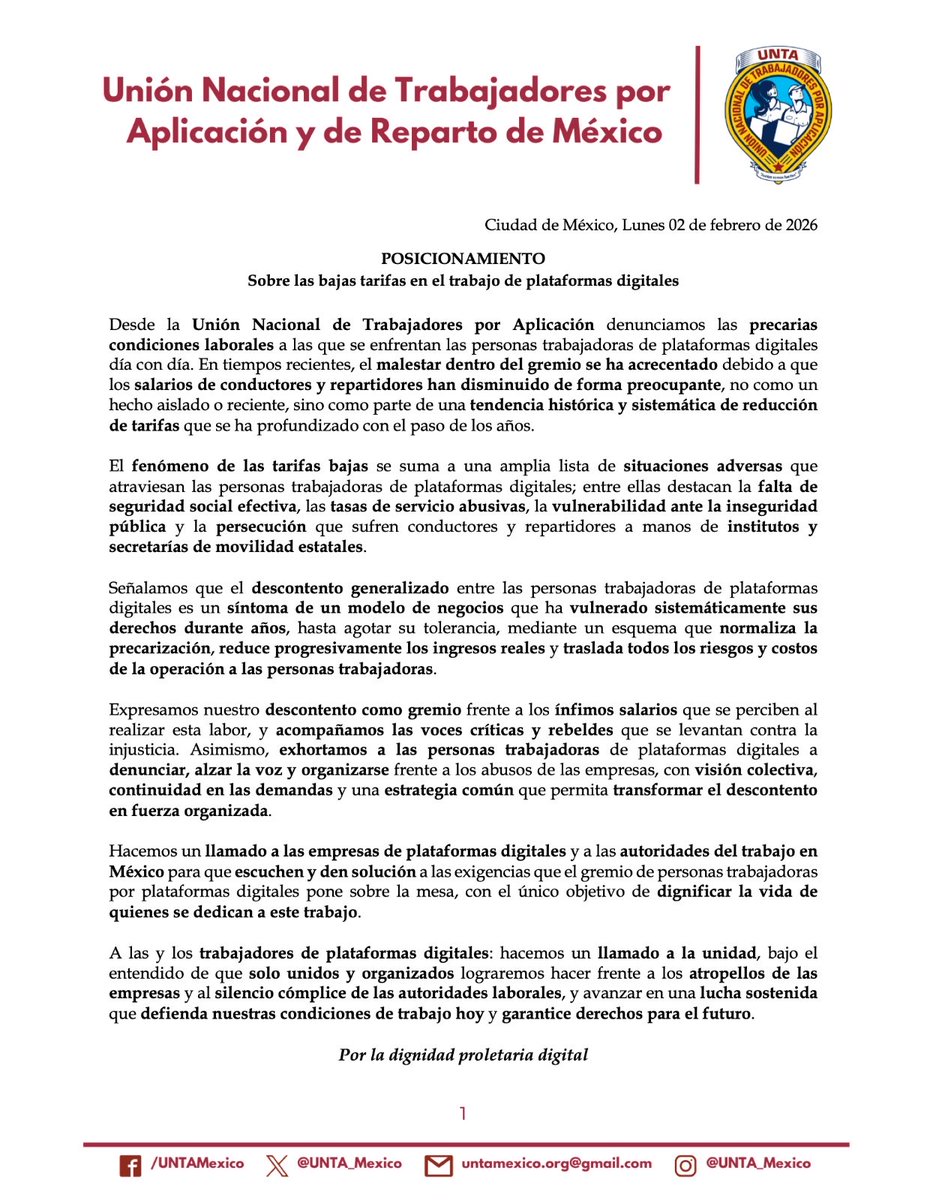 UNTA_Mexico's tweet photo. Las tarifas en plataformas siguen cayendo. No es un error temporal ni es algo nuevo: es una tendencia histórica de precarización que reduce ingresos, traslada riesgos y vulnera derechos.
#TarifasJustas #TrabajoDigno #UNTA #DerechosLaborales #PlataformasDigitales https://t.co/WyYncxXw3k