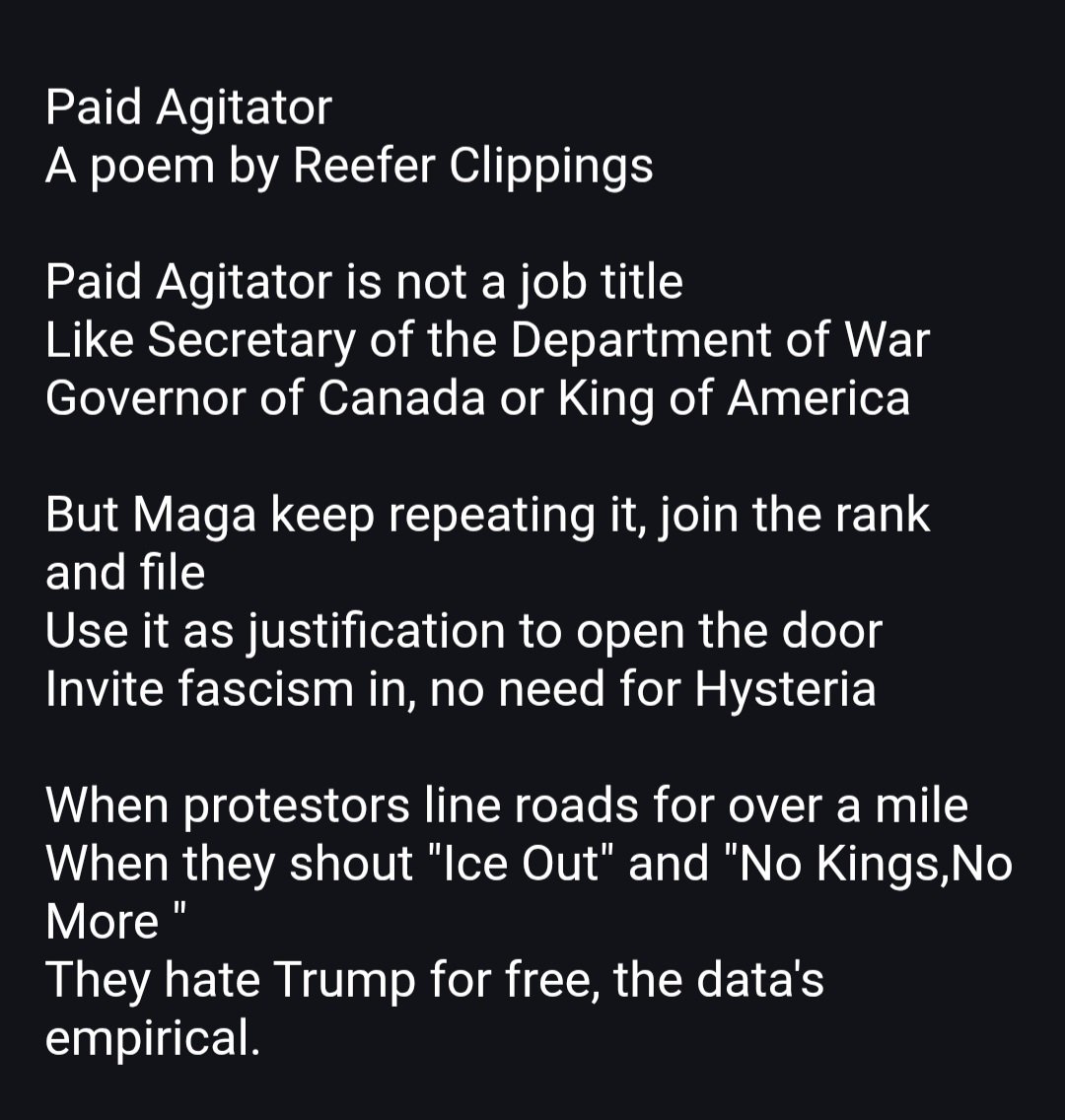 ReeferClippings's tweet photo. New #politicalProtestPoetry #protestpoetry #poetry #writing #paidAgitatorPoem by @ReeferClippings https://t.co/rKyUCE2H6t