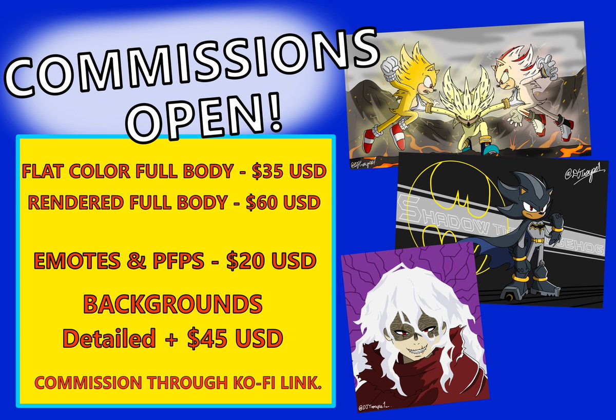 djtroupe1's tweet photo. YO IM OPENING C0MMISSIONS FOR THE FIRST TIME!

You can c0mmission me through Ko-fi! Im in college atm so anything helps even a tip lmao. https://t.co/kQuesXtfrE https://t.co/gvqvJiYrmg