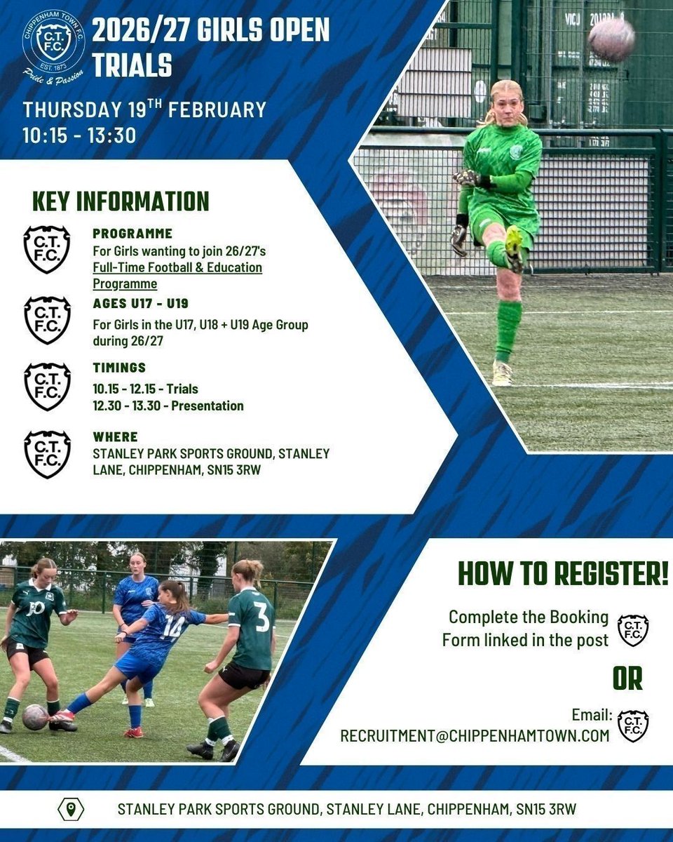 ChipTownFC's tweet photo. ⚽ GIRLS OPEN TRIALS FOR 26/27

Information can be found below for our 26/27 open trials for girls wanting to join our Full-Time Football &amp; Education academy 

📍 Stanley Park, SN15 3RW
🗓 16/2 10.15 - 13.30
🔗 https://t.co/A5Zmc7CgBR

#BlueArmy 💙 https://t.co/0PpacMshII