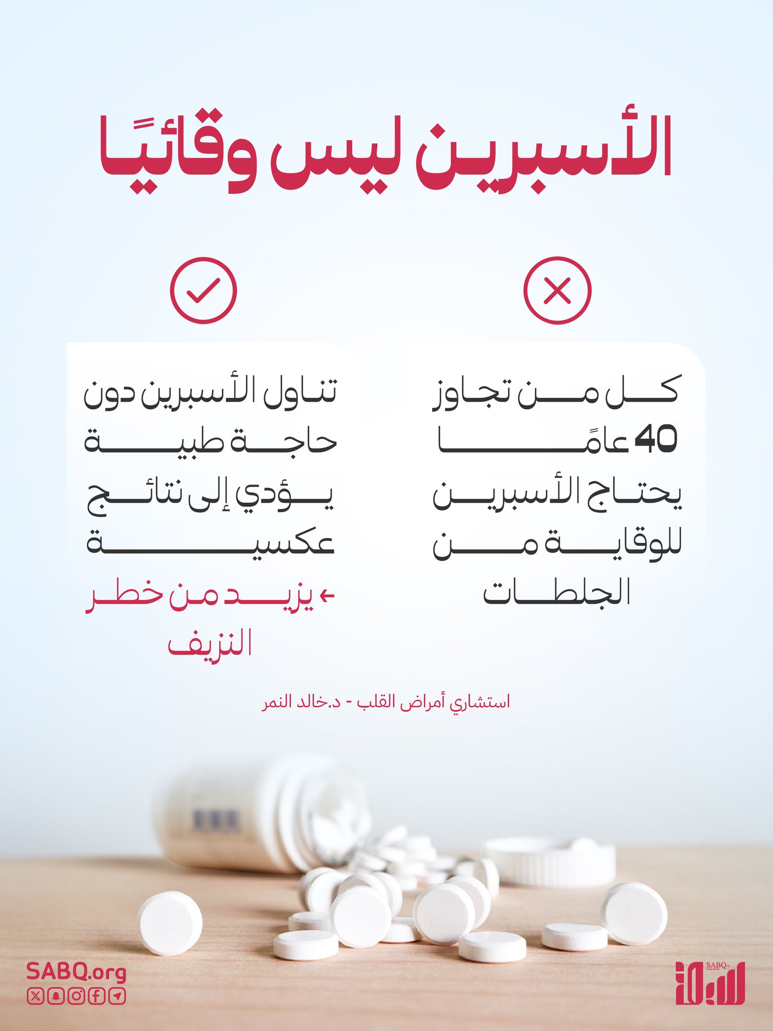 النمر يحذّر من تناول الأسبرين بشكل عشوائي بهدف الوقاية من الجلطات 