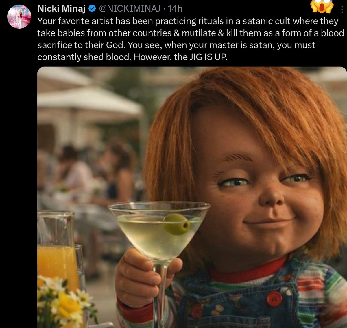 Nicki Minaj just went FULL mode on X dropping bombs about satanic cults, blood sacrifices, and baby rituals in the industry 😱🔥 "Your favorite artist has been practicing rituals in a satanic cult... the JIG IS UP" — paired with that creepy Chucky doll sipping a martini like he's
