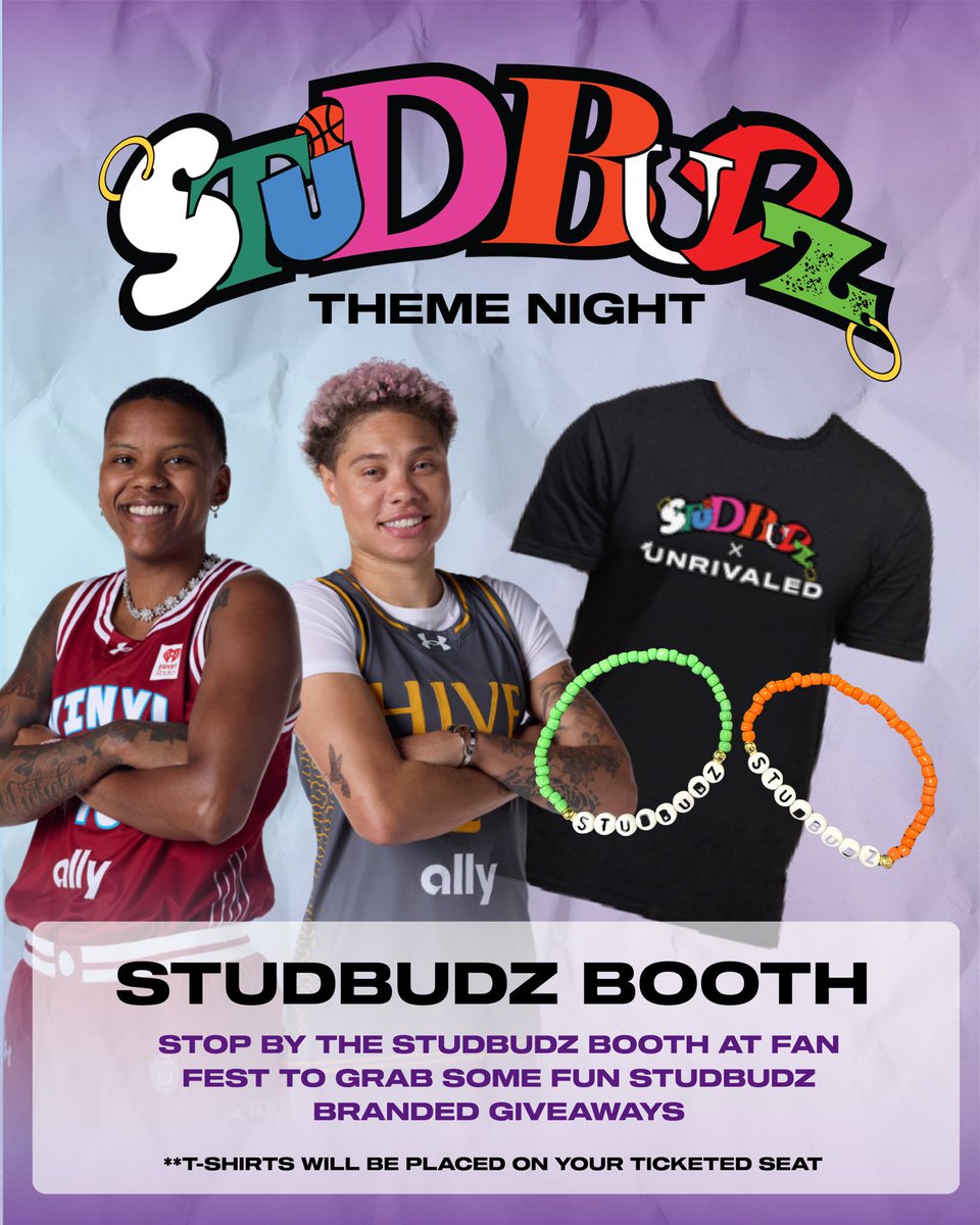 Unrivaledwbb's tweet image. IT'S STUDBUDZ NIGHT!!! 🧡💚💜 and our favorite Budz are going head to head at 7:30pm ET on TNT. Make sure you catch T and Court on broadcast in game two AND if you're in the building don't forget to grab your Studbudz merch at fan fest! 

It's gonna be a movieeeeeee! BUHLIEVE IT…