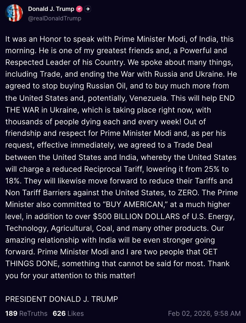 faststocknewss's tweet image. BREAKING: Trump announces trade deal with India:

• U.S. reciprocal tariff reduced from 25% to 18%
• India to reduce tariffs and non-tariff barriers to zero
• India agrees to stop buying Russian oil, buy more from U.S.
• $500B+ in U.S. energy, tech, agriculture, and coal…