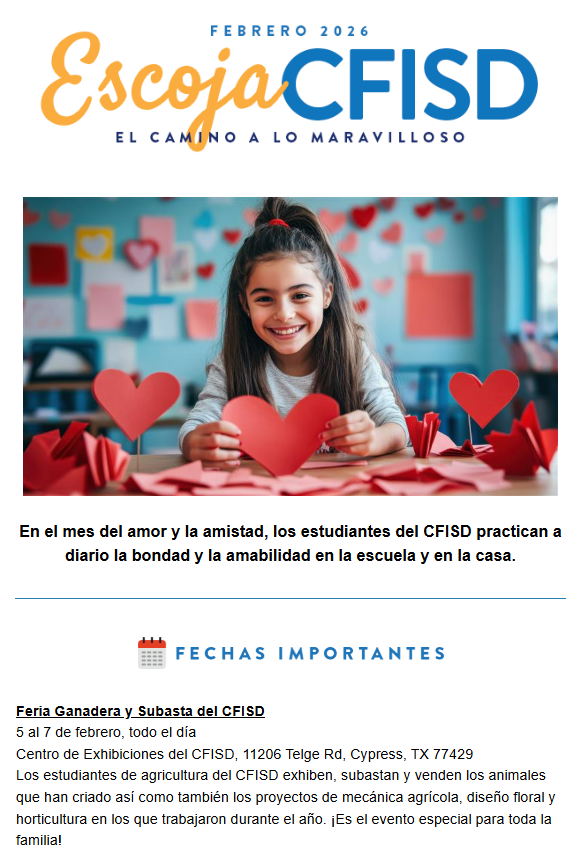 CFISDnoticias's tweet photo. .@CyFairISD ¡Los invitamos a leer nuestro número más reciente de la publicación en español 'Escoja CFISD' para el mes de febrero! Léanla aquí: https://t.co/NZcKSdHWRh. 
#EspírituCFISD #EscojaCFISD https://t.co/onaDJ138ga