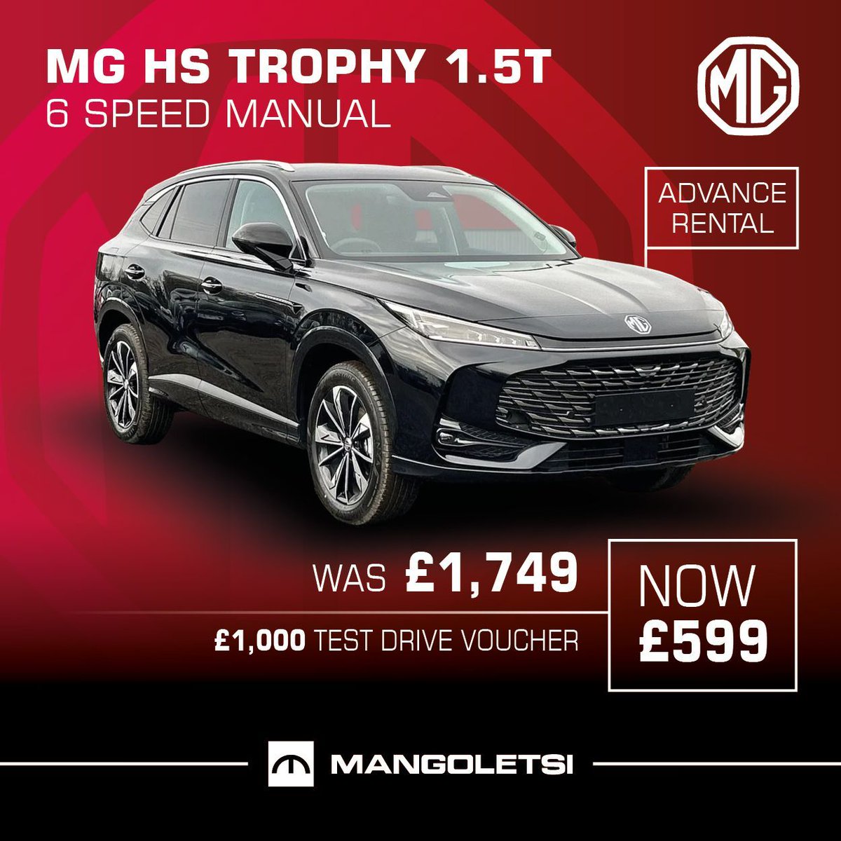 Motability Offer - MG HS Trophy 1.5T

6-speed manual. Big saving.

Advance payment was £1,749 now just £599 with a £1,000 test drive voucher.

Drive more. Spend less. 

#motability