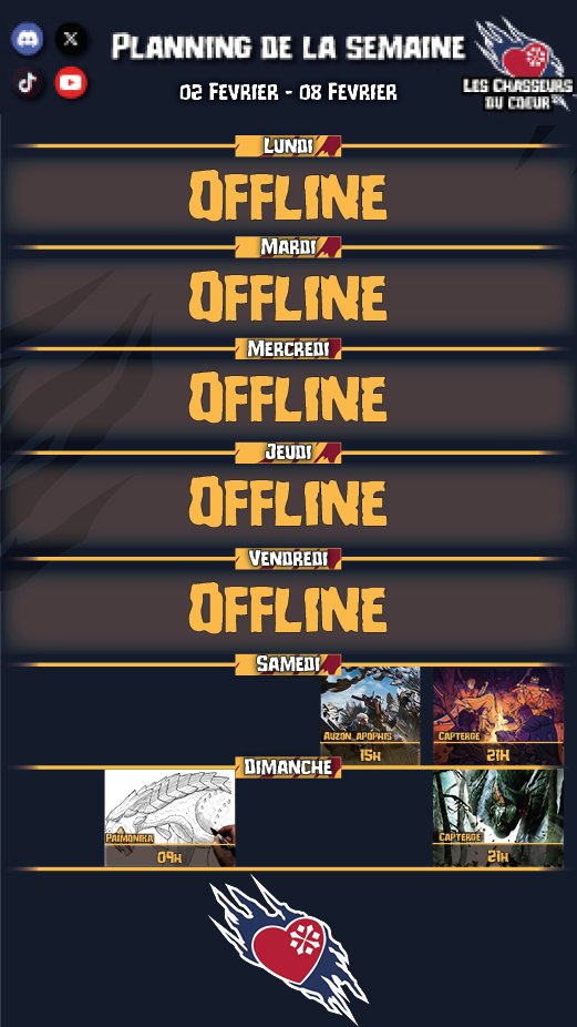 Hello les hunters, c'est l'heure du planning ! 
Samedi, <a href="/Auzon_Apophis/">Auzon Apophis</a> vous attendra dès 15h sur Wilds avant de passer le relais à <a href="/CDC_Capterge/">Capterge</a> pour la session de JDR MH !
Dimanche, <a href="/Paimonika/">Paimonika ~ Lunastra fan account</a> animera le stream dessin, et <a href="/CDC_Capterge/">Capterge</a> reviendra en force sur MH Freedom Unite.