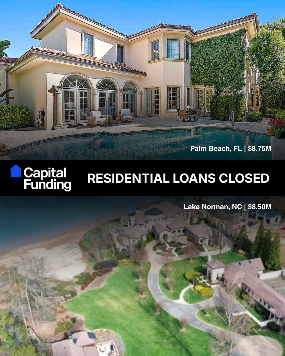 CapFundingFin's tweet photo. February is off to a strong start with two residential bridge loans closed in Palm Beach, FL and Lake Norman, NC.

Have a residential deal coming up?
Let’s talk.

#ResidentialLoans #RealEstateInvesting #PrivateLending #BridgeLoans #LuxuryRealEstate #InvestmentProperty https://t.co/WmbGKJ9HxZ