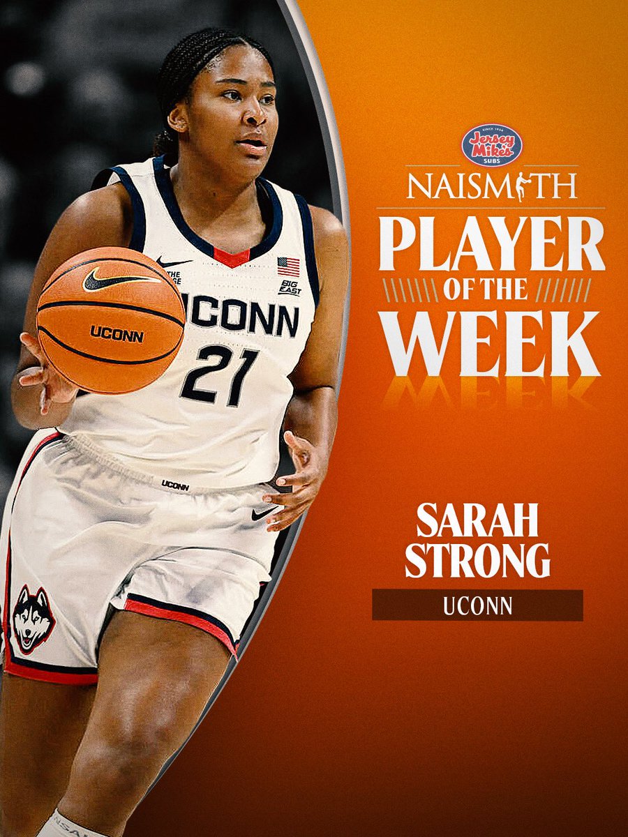 NaismithTrophy's tweet image. Our @jerseymikes Naismith Women’s College Player of the Week is @thesarahstrong! 

The @uconnwbb sophomore led the No. 1 Huskies to a 2-0 record last week, including a rivalry-routed win over No. 15 Tennessee. 

Strong delivered 25+ points in both victories, keeping the Huskies’…