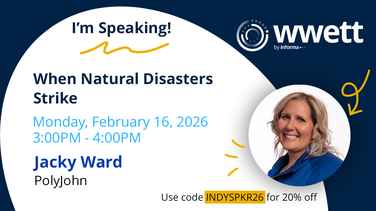 POLYJOHN's tweet image. Jacky Ward from PolyJohn Canada will be presenting “When Natural Disasters Strike" at the @WWETTShow.

When: 2/16/26, 3-4 p.m.
Where: Indiana Convention Center, Room 231

Get 20% off when you use code INDYSPKR26

Register now: ge26wwett.mapyourshow.com/8_0/sessions/s…

#WWETTShow