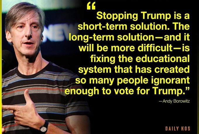 HLFrisbie's tweet image. “Detener a Trump es una solución a corto plazo. La solución a largo plazo será más difícil, es arreglar el sistema educativo que ha creado tantas personas lo suficientemente ignorantes como para votar por Trump"
Andy Borowitz