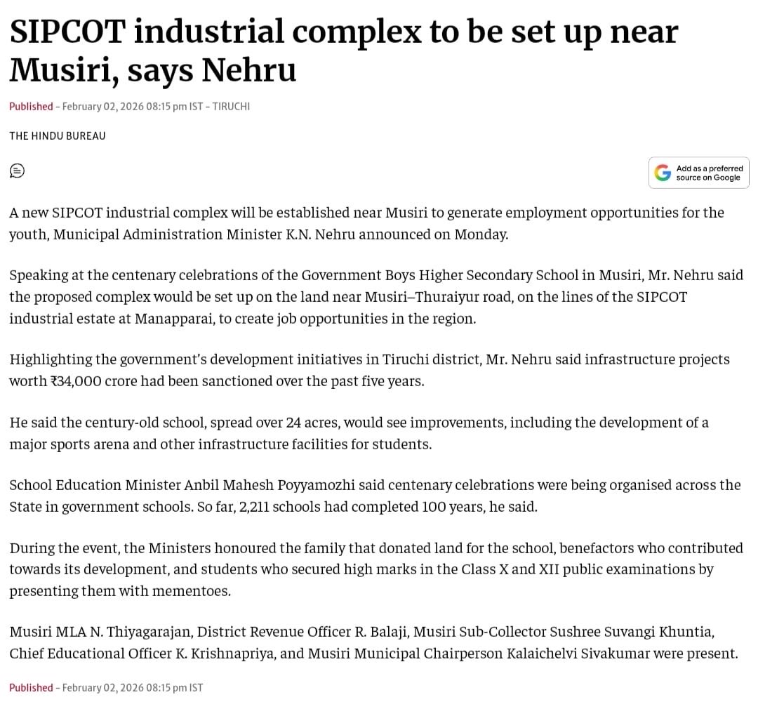 SIPCOT Industrial Complex to be setup near Musiri Says Minister KN Nehru 👏👇

The proposed industrial Park to be setup in Musiri to Thuraiyur Road on the lines of Manapparai SIPCOT to create Job opportunities in the region #Trichy #Industrial #SIPCOT
