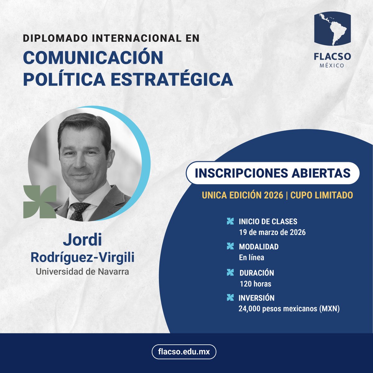 FlacsoMx's tweet photo. ¿Cómo se toman decisiones estratégicas cuando la comunicación ocurre en contextos de desinformación y posverdad?
En el #DICPE analizamos la disputa política, la circulación de contenidos engañosos y los dilemas de la comunicación pública contemporánea, con la guía de Jordi Rodríguez Virgili (@jrvirgili).
Conoce el programa e inscríbete:
🔗 https://t.co/tf5tVB0Rcn
🚨🚨 Cupo limitado | Única edición en 2026 🚨🚨