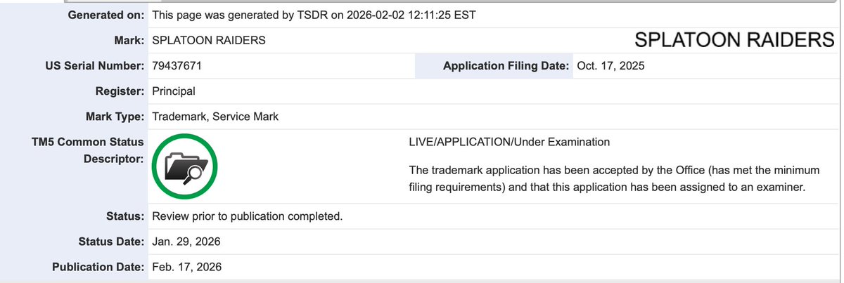 An updated trademark just appeared for Splatoon Raiders with a publication date of February 17! This could mean a General Direct on Feb 17 announcing the game to release at a later date or a Today app date drop. 
Although my last trademarks discoveries were revealed (virtual boy