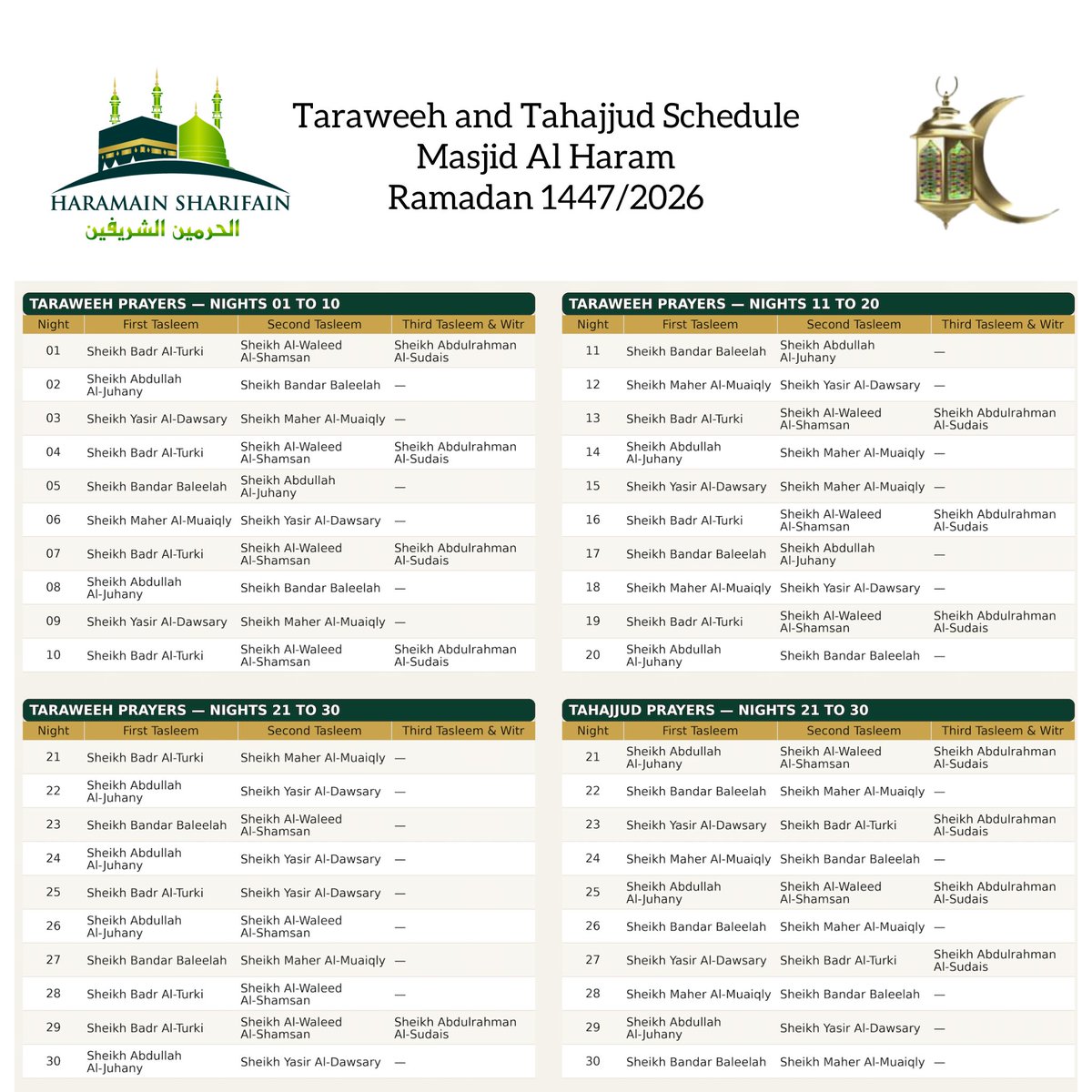 Ramadan 1447/2026: Taraweeh and Tahajjud Schedule for Masjid Al Haram