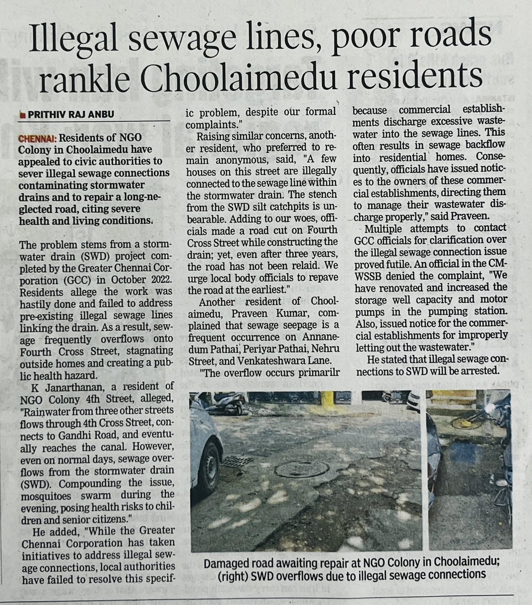 Prithivrajanbu's tweet photo. Residents of #NGOColony in #Choolaimedu urge the civic authorities to sever illegal sewage connections contaminating SWD and to repair the forgotten NGO colony 4th street for #3years. @dt_next 

https://t.co/niN0Vc7OMn https://t.co/4eav9Z9v1b